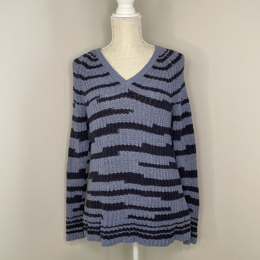 J.Jill Striped Knit Cotton Long Sleeve Sweater Blue V Neck Women's Size Small